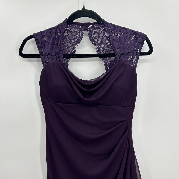 XSCAPE Eggplant Purple Lace Shoulder Ruched Drape Front Maxi Bridesmaid Dress 4 - Picture 3 of 7